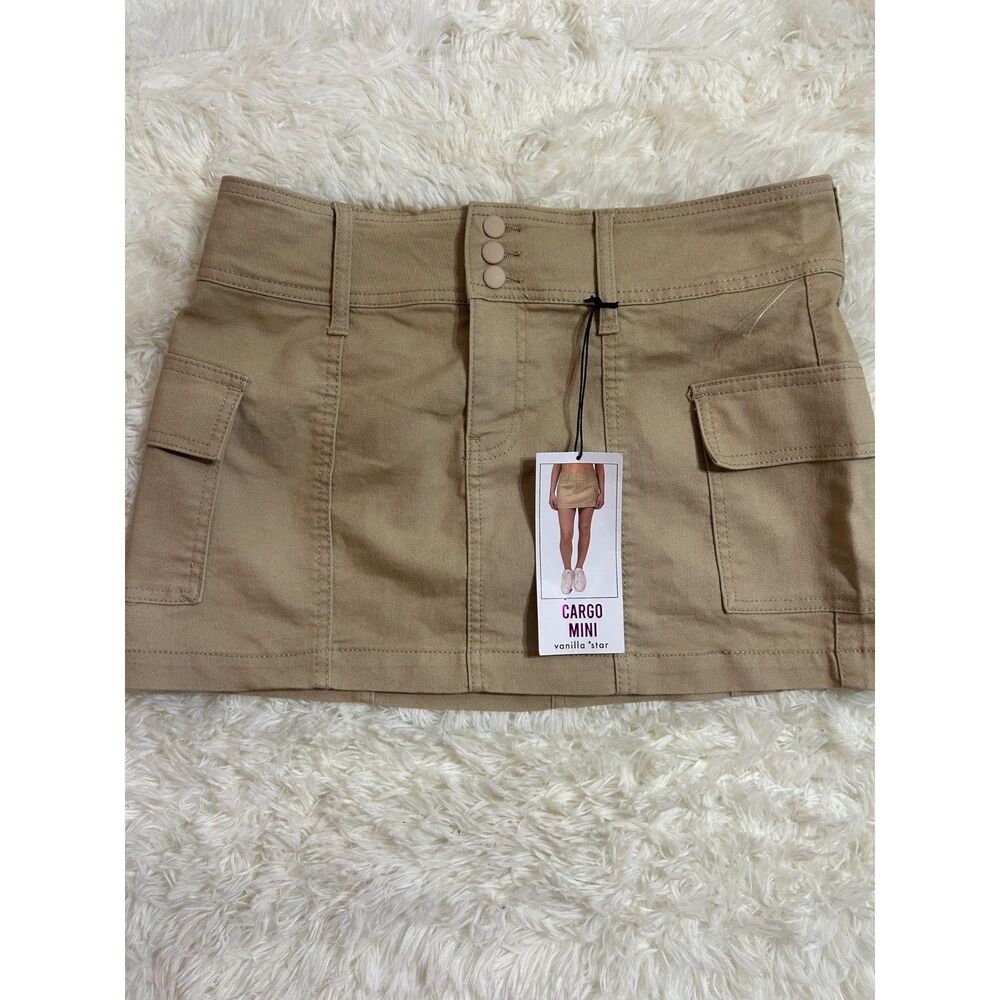 NWT Vanilla Star Womens Size 9 W29 Tan Khaki Cargo Mini Skirt Utility Pockets
